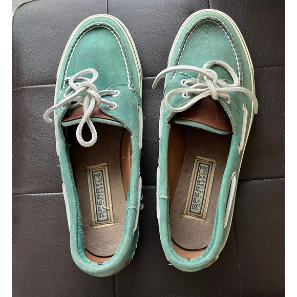 Vintage Men's Sperry Rand Leather Turquoise Green Top-Sider Gray Leather Tie Siz - Picture 1 of 10